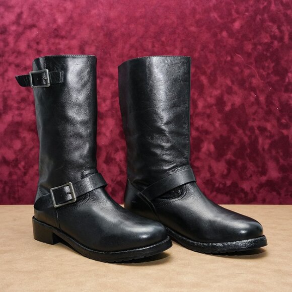 Free People Women Engineer Black Leather Buckle Moto Biker Boots sz 9 - Picture 1 of 7